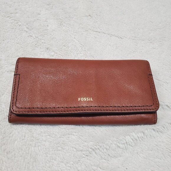 Fossil Brown Logan Leather Classic‎ Large Flap Accordion Card Organizer Wallet - Picture 1 of 6